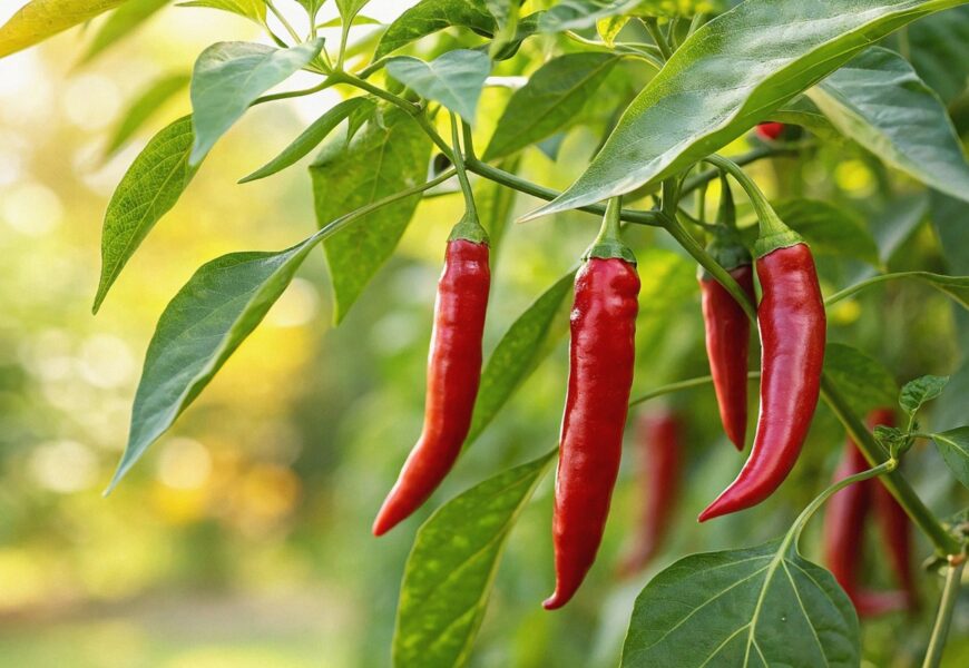 Red chili peppers growing on a healthy garden plant after successful paper towel seed germination.