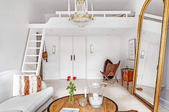 Minimalist tiny apartment with loft bed, ladder, hidden cabinets, and modern space-saving storage design.