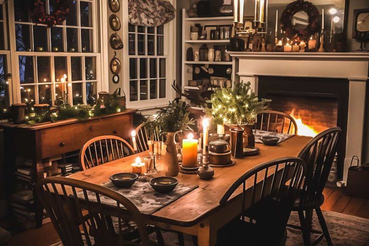 Cozy dining room with candles, fireplace, and warm January decorations creating a relaxing winter atmosphere.