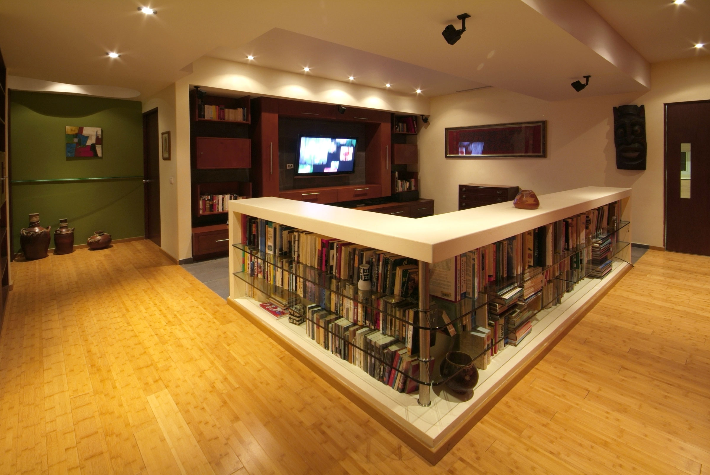 Basement entertainment area with temporary furniture layout and flexible home decor ideas for multifunctional spaces.