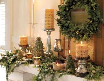 Elegant January mantel decorations with candles, greenery, and neutral winter home decor accents.
