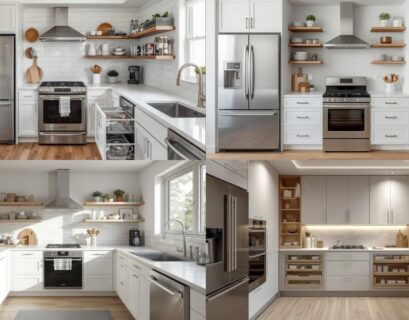 Modern apartment kitchen storage ideas with organized cabinets, open shelving, and space-saving pantry solutions.