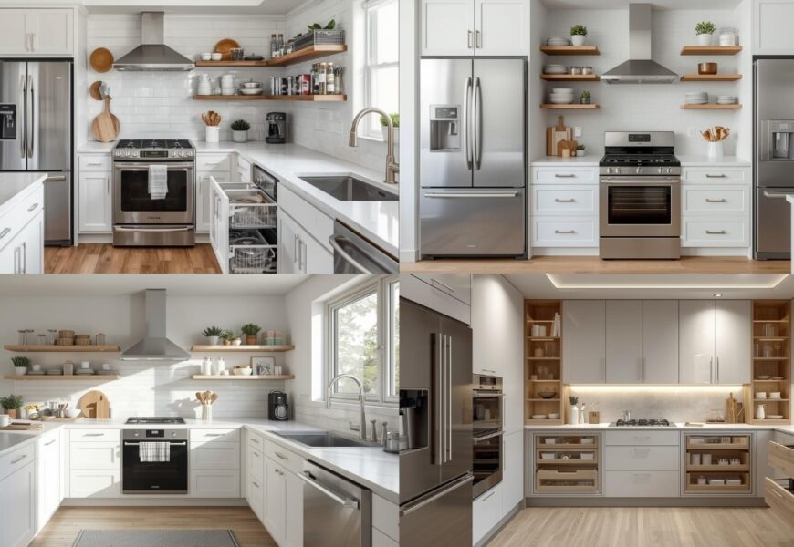 Modern apartment kitchen storage ideas with organized cabinets, open shelving, and space-saving pantry solutions.