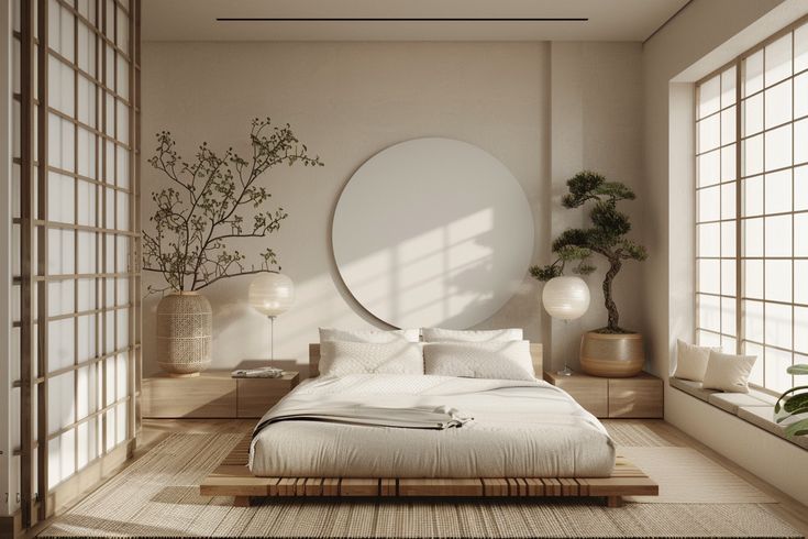 Minimalist Japandi bedroom with floor bed, soft natural lighting, and calming neutral decor.