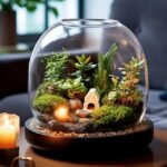 Best open terrarium plants displayed inside a stylish glass bowl terrarium with moss, succulents, and miniature greenery on a wooden table.