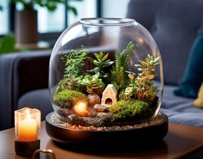 Best open terrarium plants displayed inside a stylish glass bowl terrarium with moss, succulents, and miniature greenery on a wooden table.