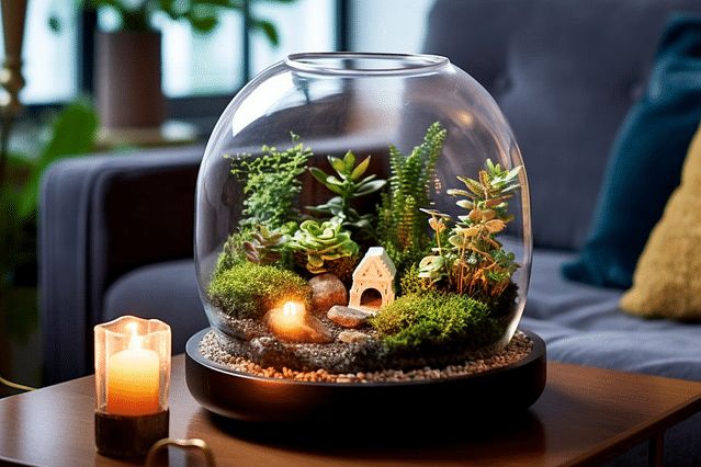 Best open terrarium plants displayed inside a stylish glass bowl terrarium with moss, succulents, and miniature greenery on a wooden table.