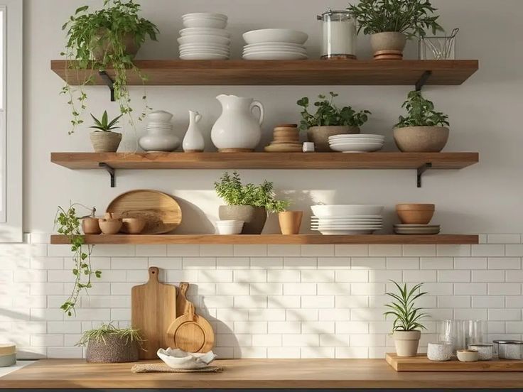 Rustic kitchen shelf decor with plants, ceramic dishes, and wooden floating shelves in a cozy farmhouse kitchen.
