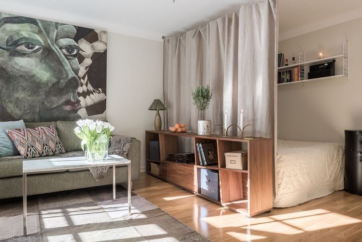 Small apartment with multifunctional wooden room divider and cozy open-plan living room design.