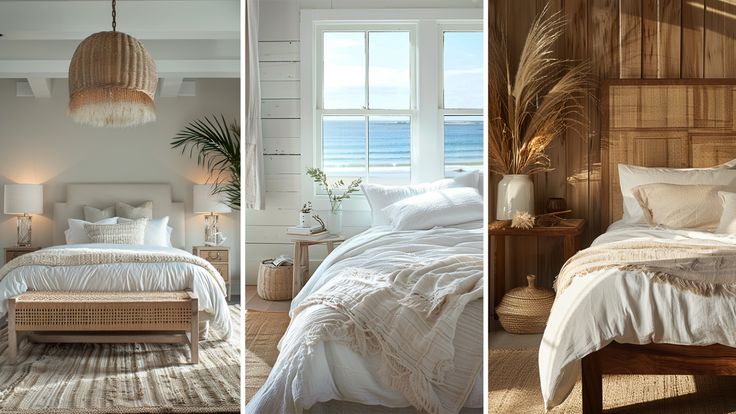 Collection of cozy coastal bedroom decor ideas featuring white bedding, beach-inspired textures, and soft natural lighting.