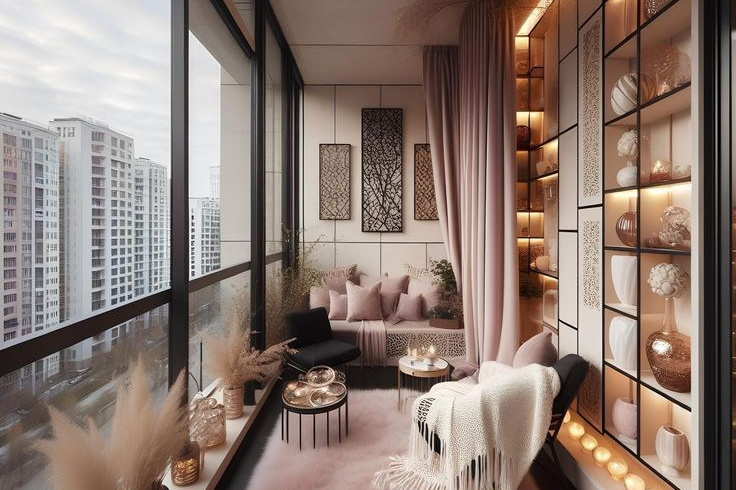 Luxury apartment balcony with warm lighting, built-in shelves, and cozy seating for modern outdoor relaxation.
