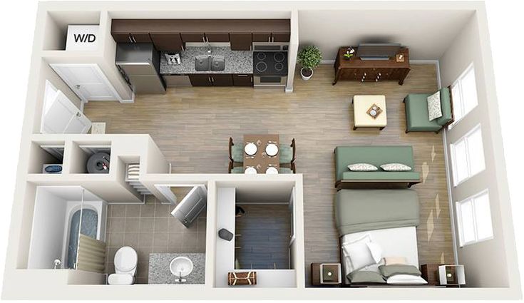 Functional studio apartment floor plan with compact kitchen, living room, and organized storage areas.