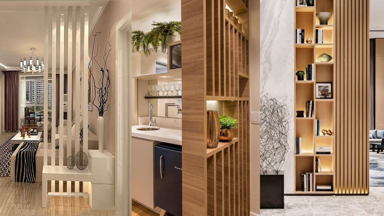 Contemporary apartment with wooden slat room divider separating kitchen and living areas elegantly.