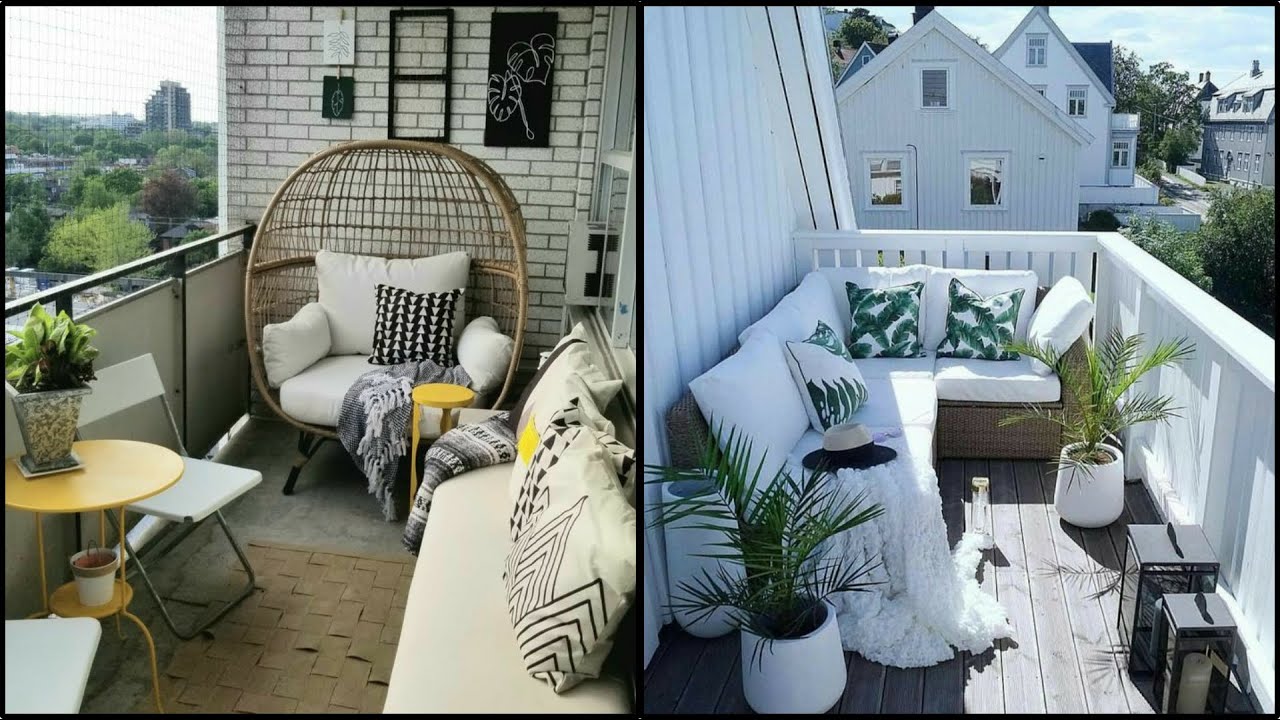 Bright apartment balcony decorated with cozy chairs, plants, and soft textiles in a small outdoor seating area.