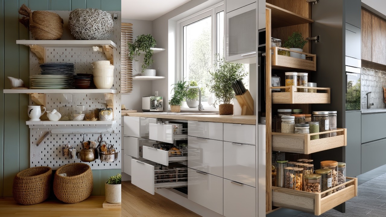 Small apartment kitchen with pull-out pantry shelves, wicker baskets, and smart storage organization ideas.