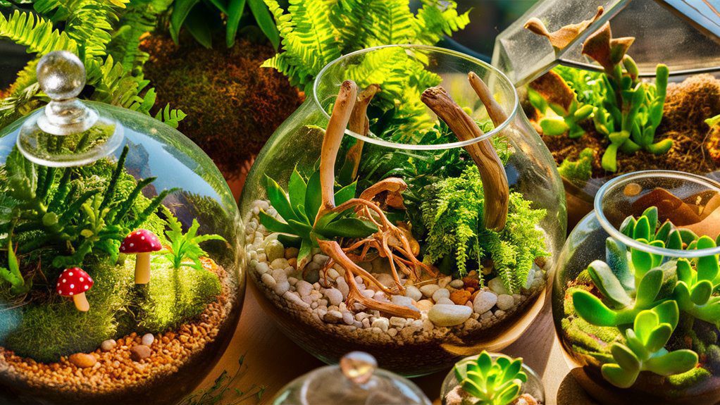 Creative open terrarium garden with miniature plants, moss, succulents, and decorative natural elements in glass containers.