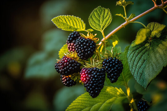 Ripe blackberries growing naturally on bush during summer harvest season with fertilizer-enhanced growth.
