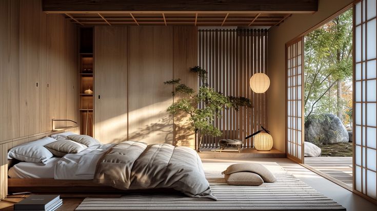 Cozy Japandi bedroom with wooden ceiling, low bed, natural textures, and modern Japanese-inspired design.