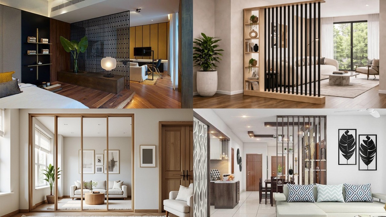 Creative apartment room divider inspiration showing multiple modern partition ideas for open-plan interiors.