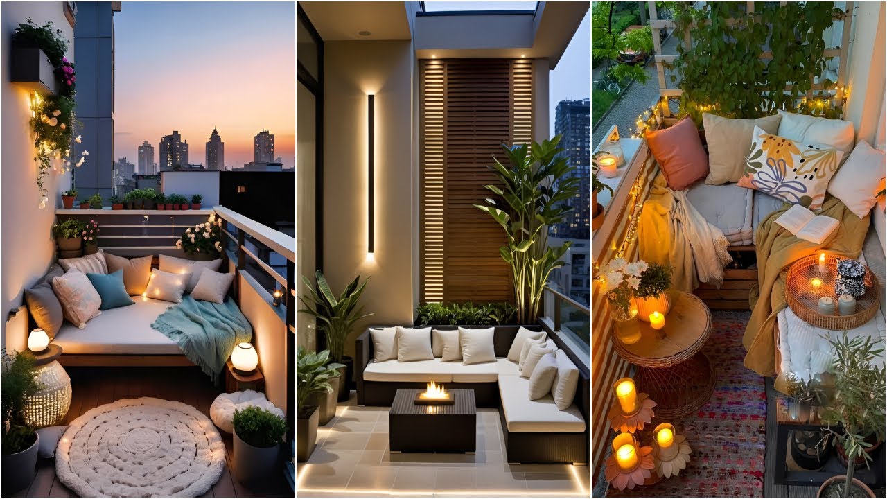 Stylish apartment balcony decor ideas with candles, warm lighting, plants, and cozy nighttime seating arrangements.