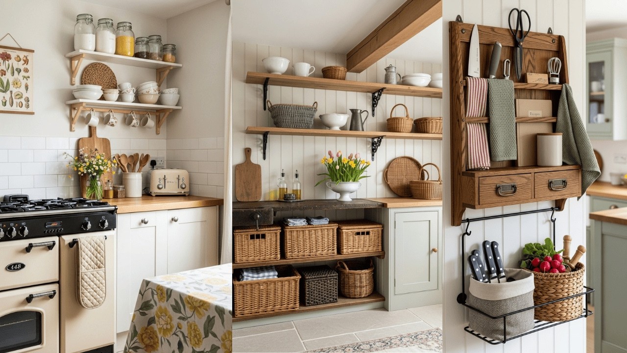 Cozy apartment kitchen with open shelves, hanging storage, and farmhouse-inspired organization ideas.