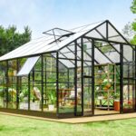 Stylish backyard greenhouse with solar lighting system for sustainable gardening and lower power consumption.