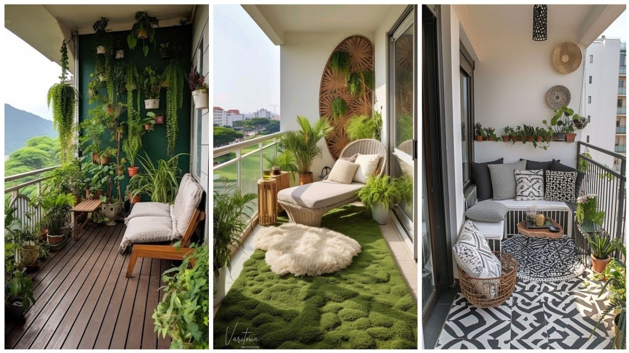 Modern apartment balcony with lush greenery, cozy seating, and stylish outdoor decor in a narrow small space.