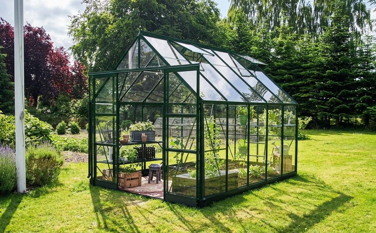Compact outdoor greenhouse with transparent panels and solar lighting system for sustainable backyard gardening.