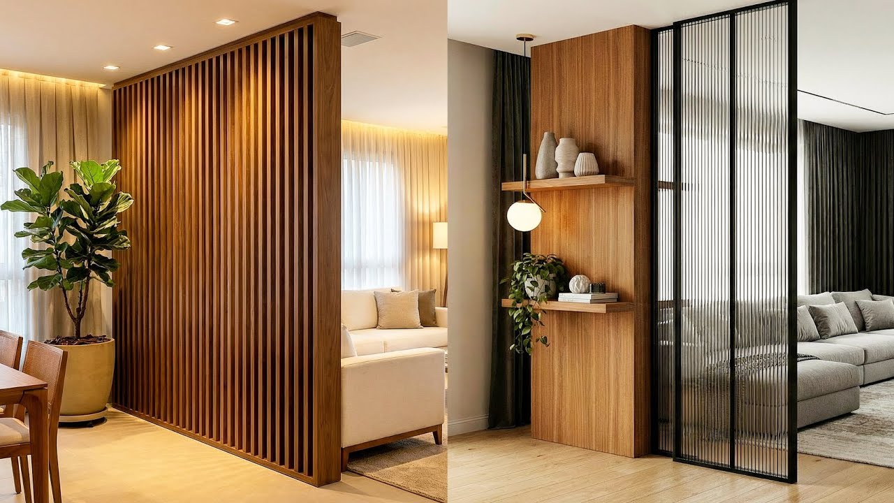Minimalist apartment bedroom with wooden and black framed room divider creating privacy in a studio layout.