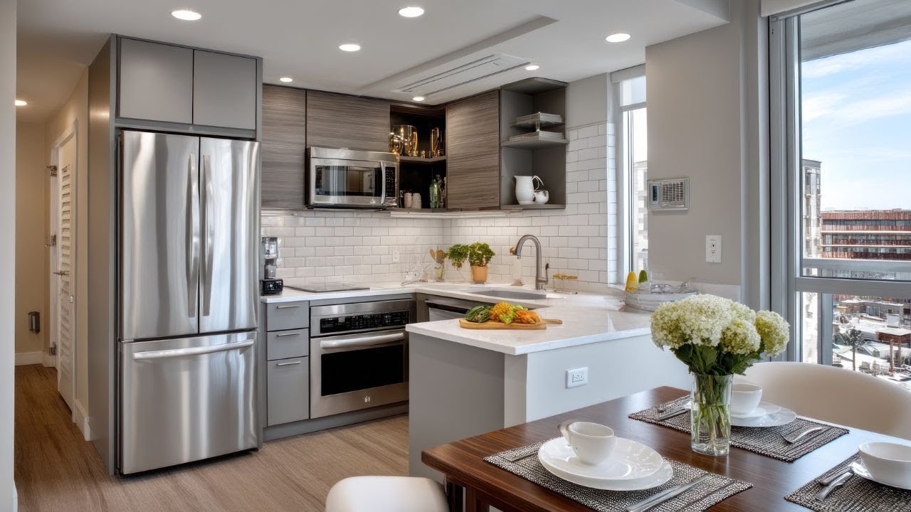 Contemporary apartment kitchen with sleek cabinets, built-in storage, and modern space-saving design.