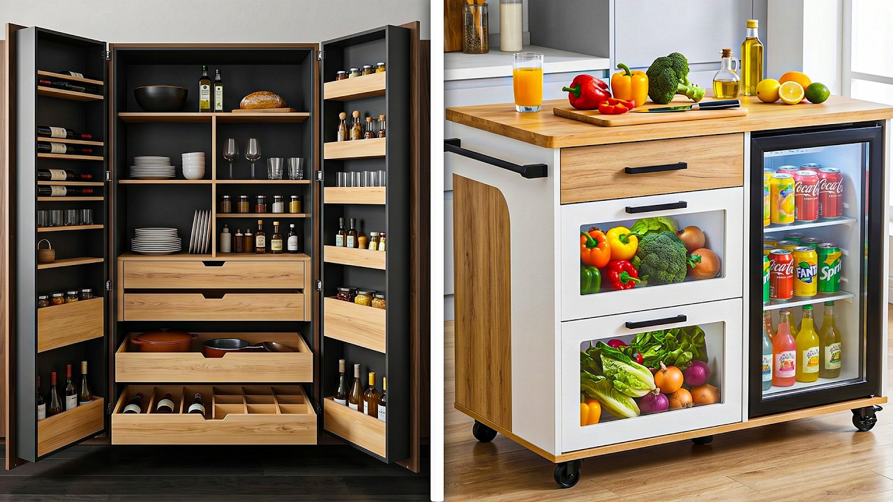 Pull-out pantry storage and rolling kitchen cart ideas for maximizing apartment kitchen space efficiently.