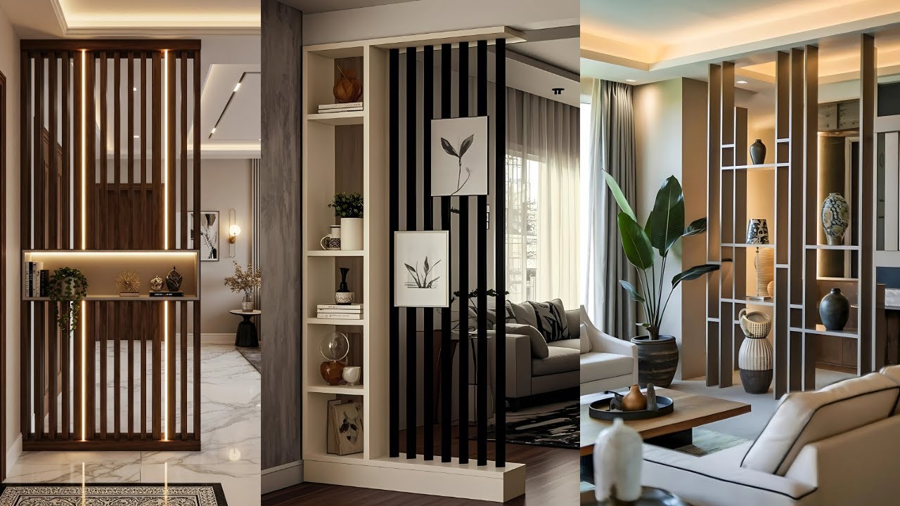 Luxury apartment interior with decorative wooden room divider and modern shelving for elegant space separation.