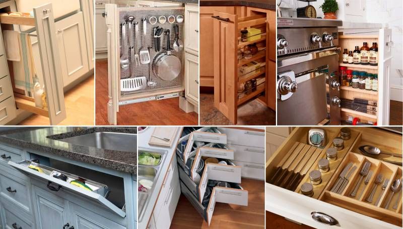 Creative kitchen drawer organizers and hidden cabinet storage ideas for apartment kitchens.
