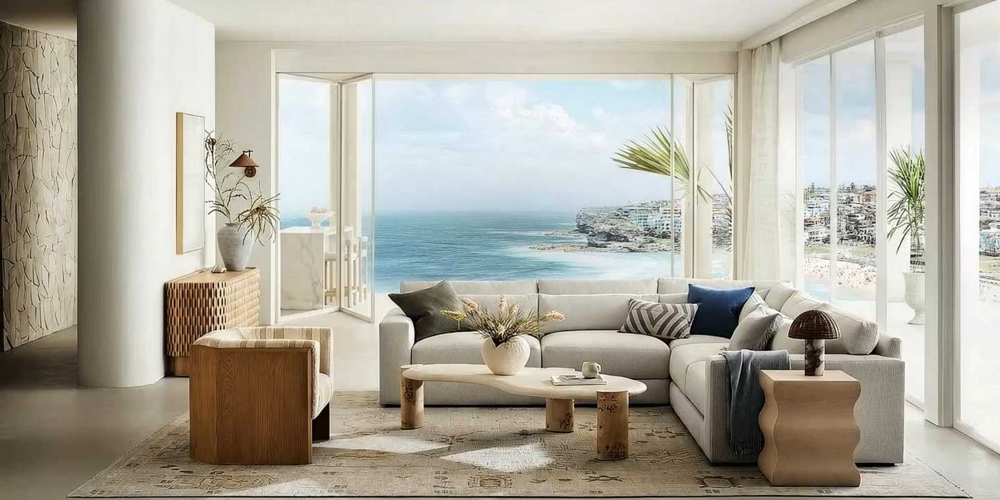 Coastal living and bedroom space with oceanfront views, neutral furniture, and elegant beach-inspired interior decor.