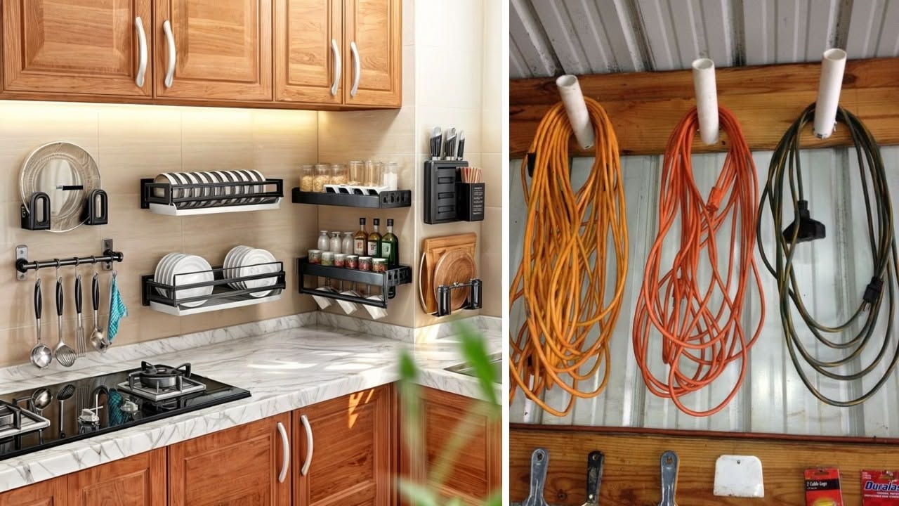 Apartment kitchen organization with hanging utensil storage, wall-mounted racks, and neatly arranged cabinets.