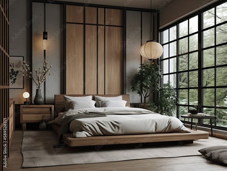 Modern Japandi bedroom with black framed windows, minimalist furniture, and warm earthy decor accents.