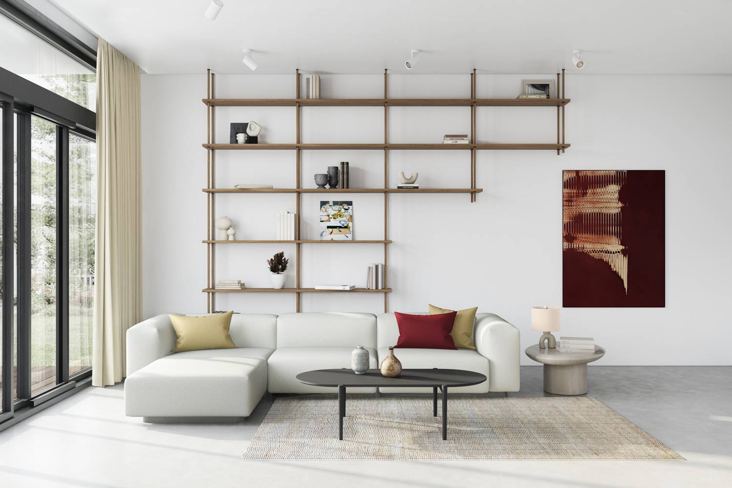 Minimalist organic modern living room with floating shelves, neutral furniture, and clean contemporary design.