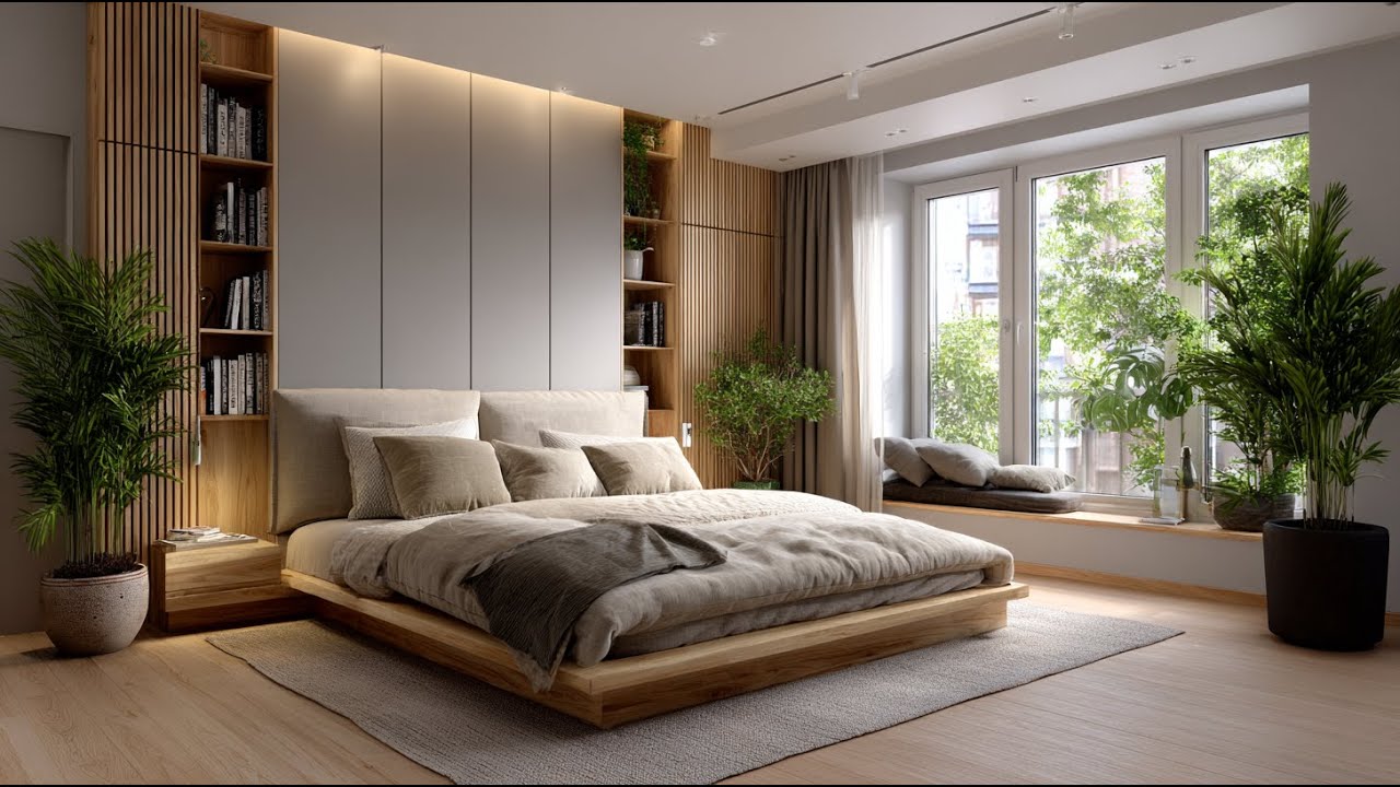 Bright Japandi bedroom with neutral bedding, built-in shelving, and minimalist wood furniture for small spaces.