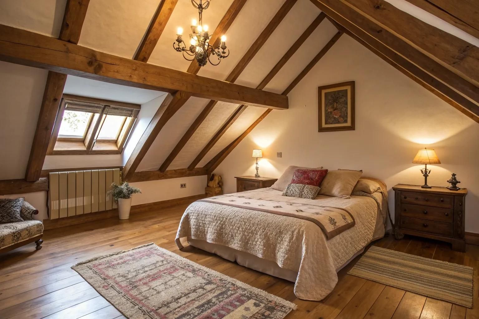 Rustic cottagecore bedroom with exposed wooden beams and warm lighting
