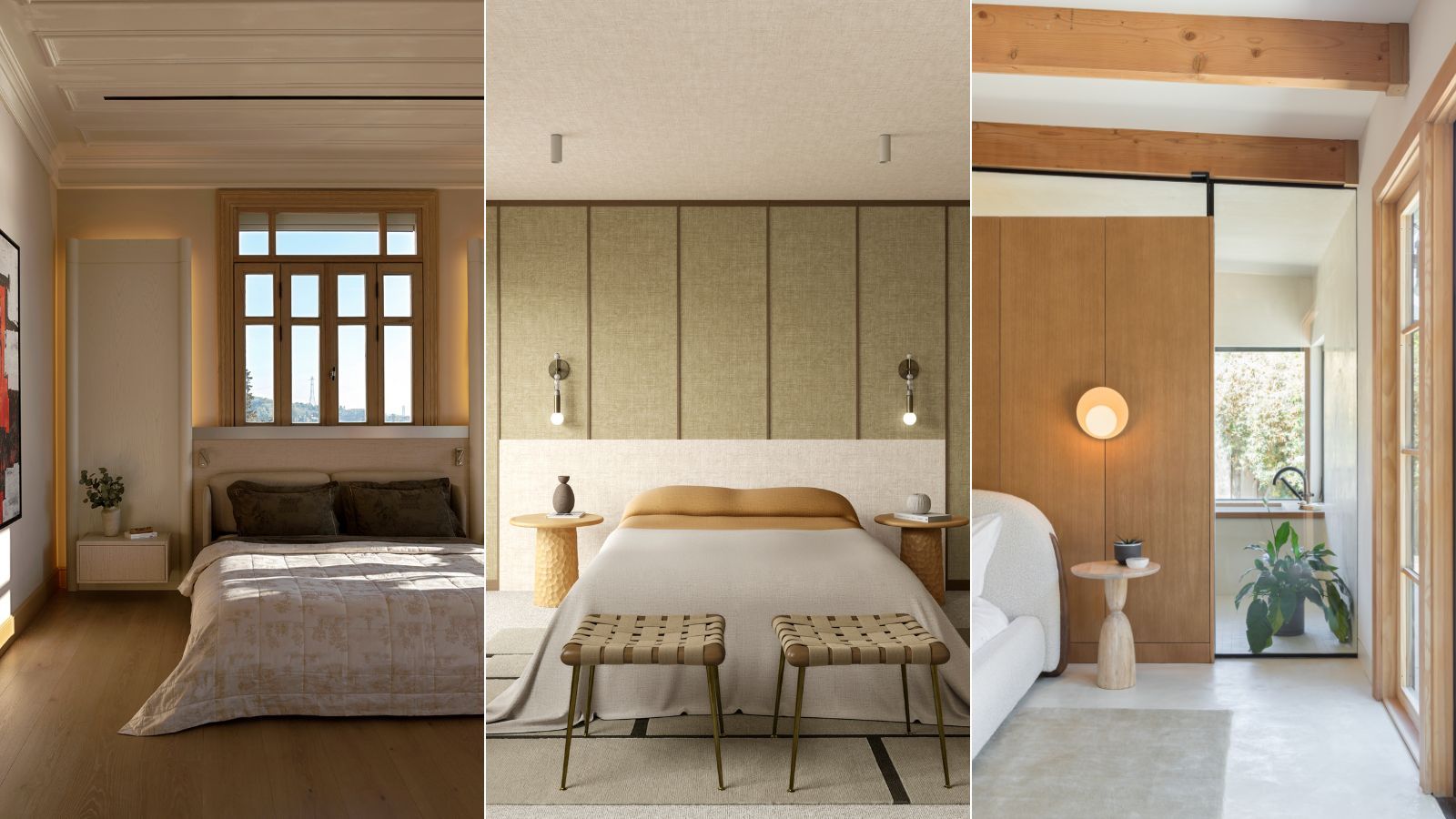 Collection of Japandi bedroom design ideas featuring minimalist decor, natural wood, and calming neutral interiors.