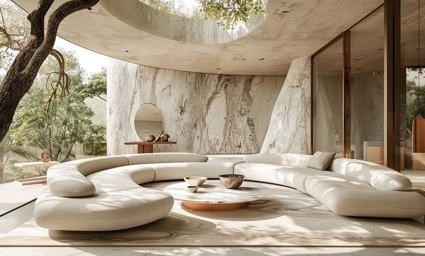 Luxury organic modern lounge with curved seating, earthy textures, and nature-inspired architecture.