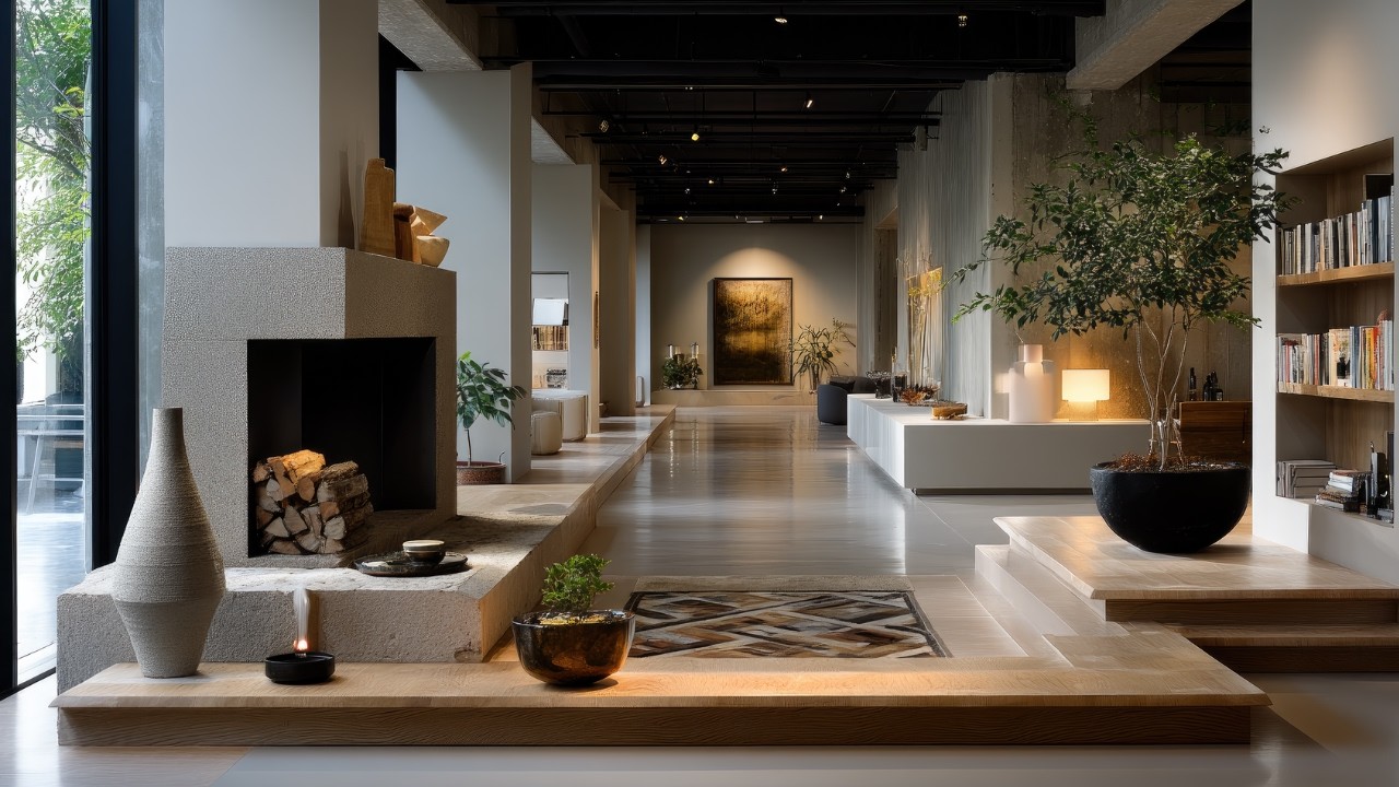 Modern organic hallway and living area with warm lighting, minimalist furniture, and earthy neutral decor.