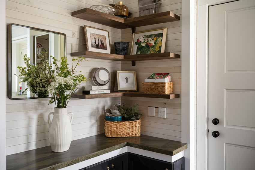 Kitchen corner storage shelves with decorative plants, baskets, and farmhouse-inspired organization ideas.