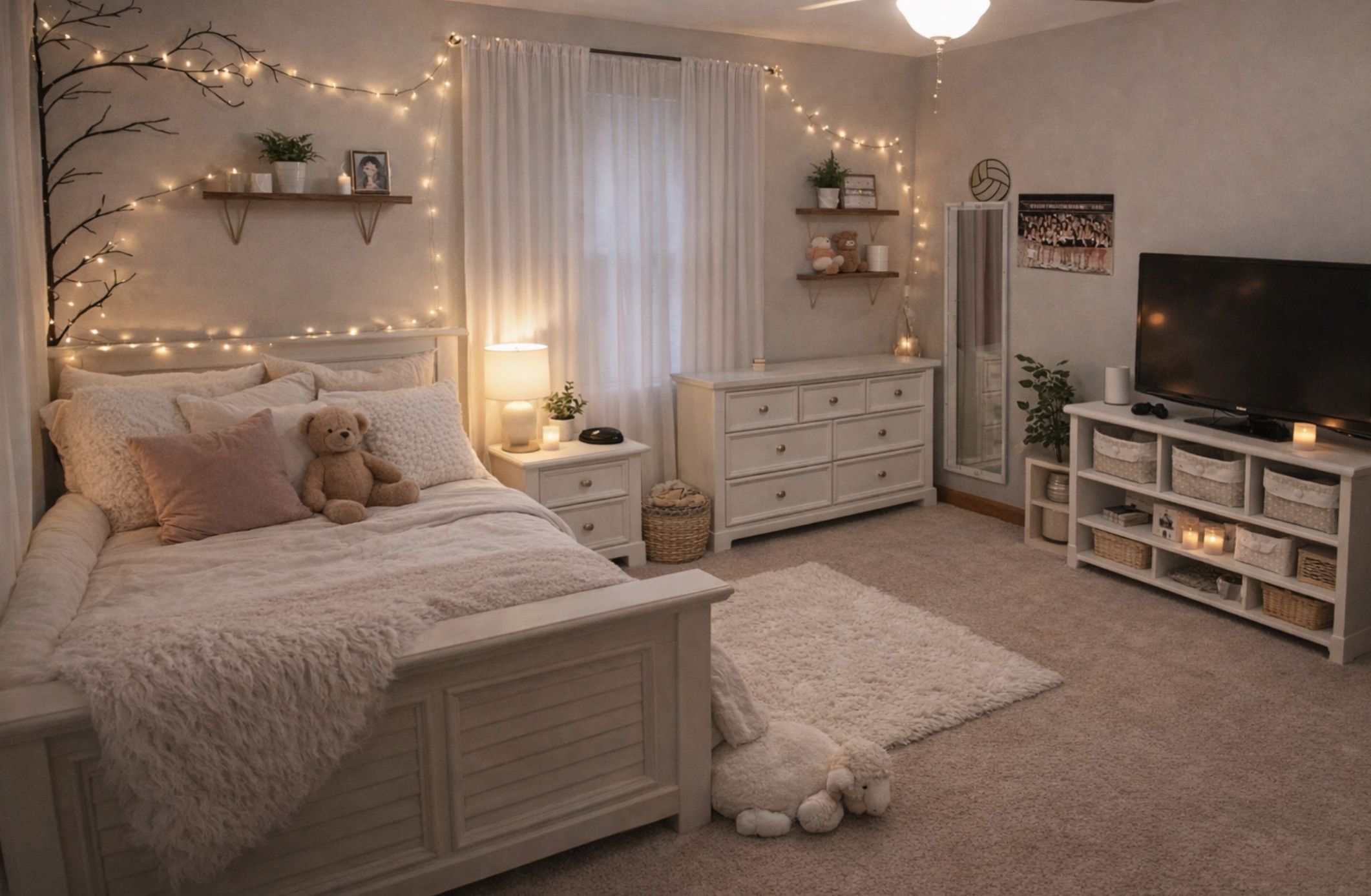 Cottagecore room ideas Cozy cottagecore bedroom with fairy lights, vintage decor and soft neutral tones