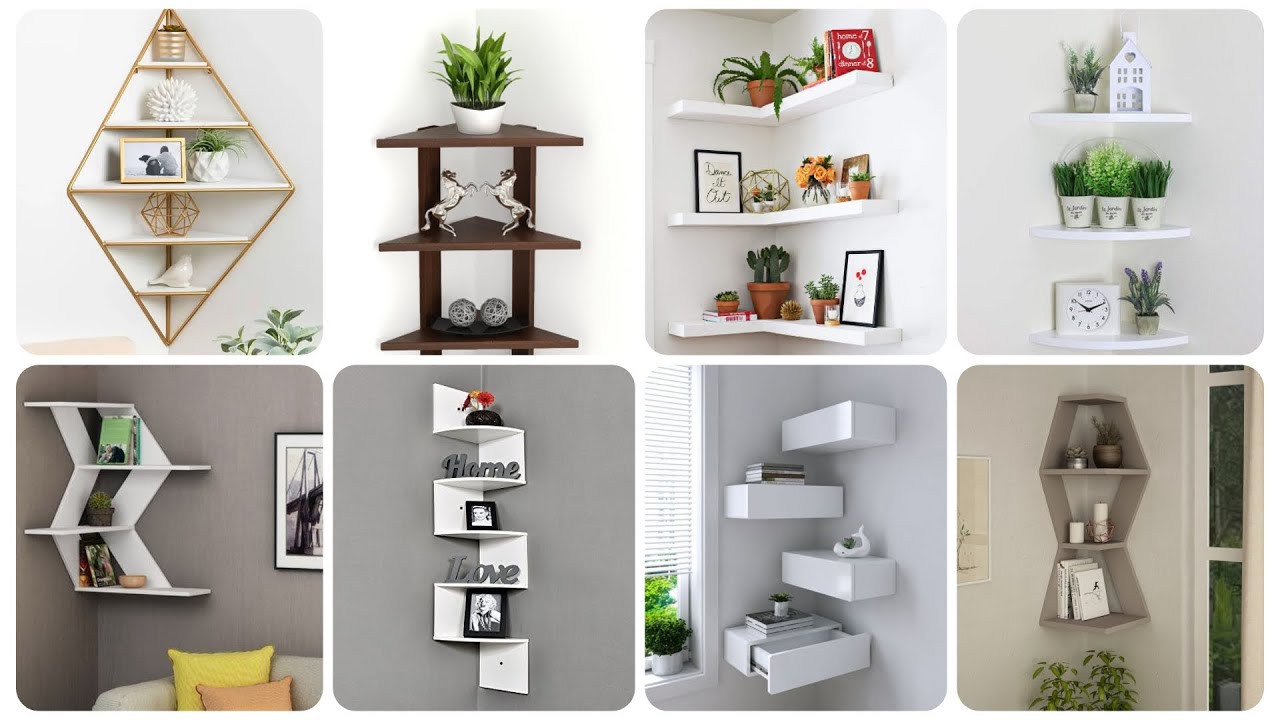 Creative corner shelf designs for apartments featuring floating shelves, geometric storage, and modern wall organization ideas.