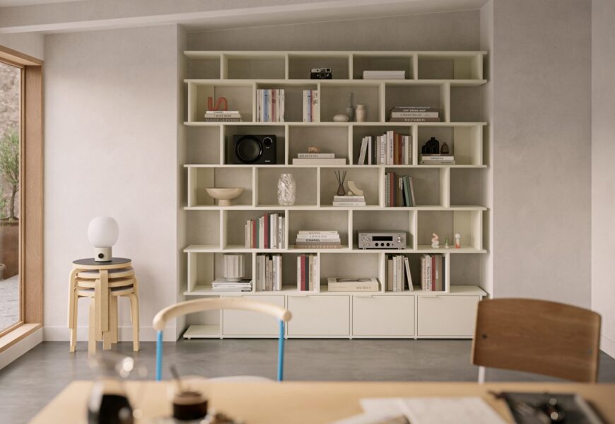 Modern apartment wall storage with built-in shelving and minimalist decor for maximizing small living spaces.