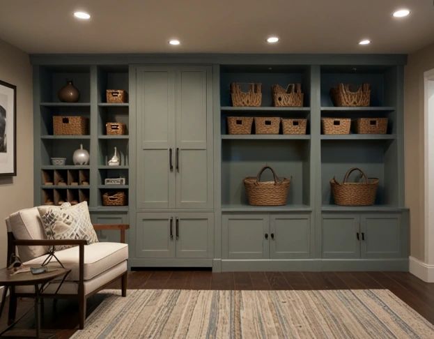 Custom apartment wall storage cabinets with shelves, baskets, and built-in organization for modern homes.