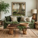 Earthy living room decor with green sofa, natural wood furniture, plants, and cozy neutral tones