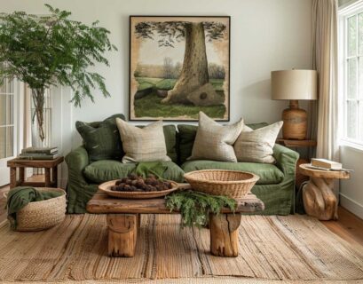 Earthy living room decor with green sofa, natural wood furniture, plants, and cozy neutral tones