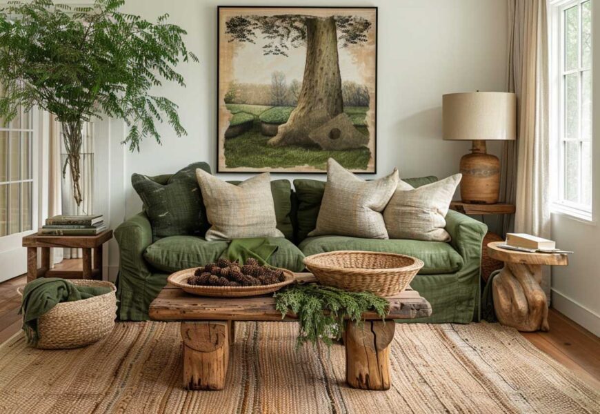 Earthy living room decor with green sofa, natural wood furniture, plants, and cozy neutral tones